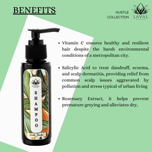 
                  
                    benefits of using laval hustle collection shampoo helps in premature greying, alleviates dry scalp, treats dandruff, eczema, and scalp dermatitis.
                  
                