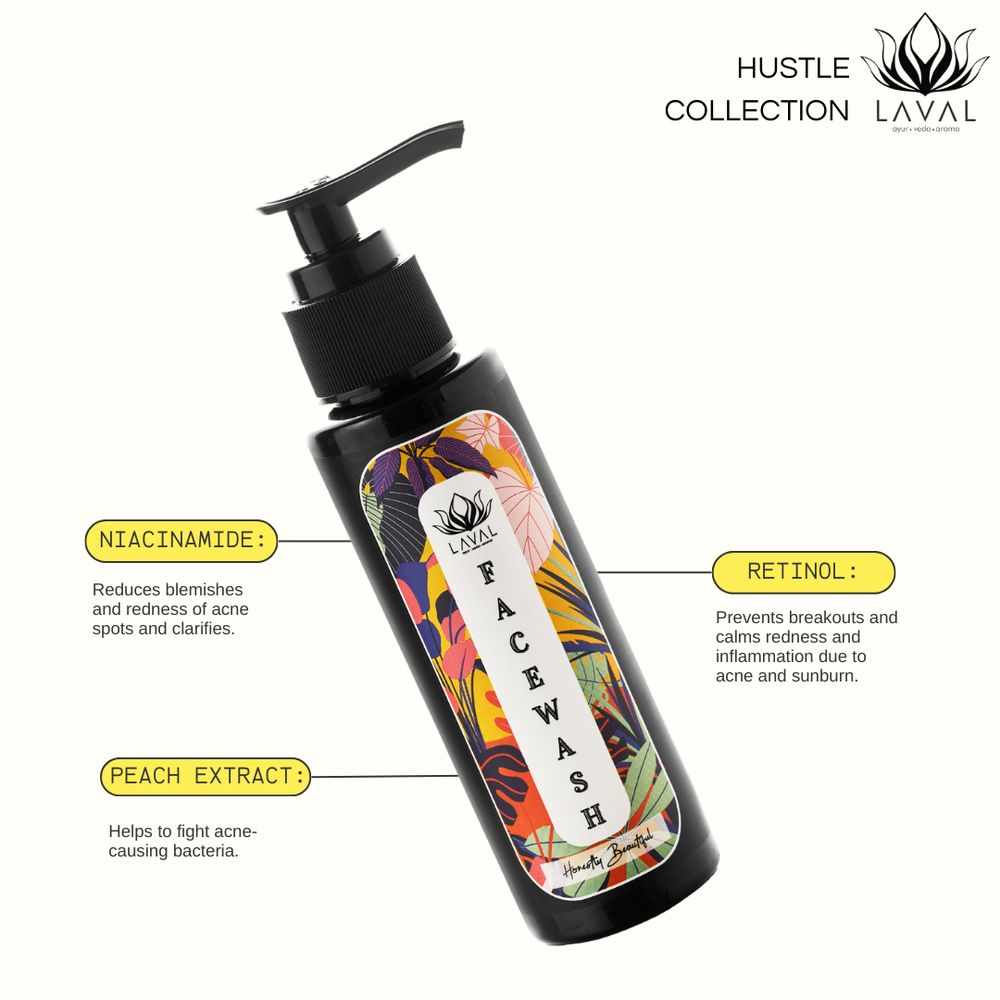 
                  
                    laval hustle facewash in made with key ingredients that helps in reducing blemishes, acne, and fights against bacteria they are niacinamide, retinol, and peach extract.
                  
                