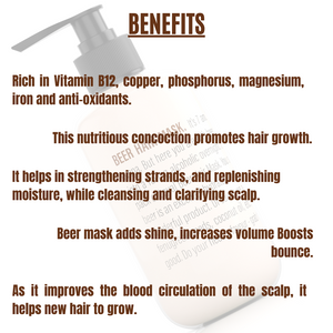 
                  
                    BENEFITS OF BEER HAIR MASK FOR MEN AND WOMEN. BEER IS RICH IN VITAMIN B12, COPPER, PHOSPHORUS, MAGNESIUM IRON
                  
                
